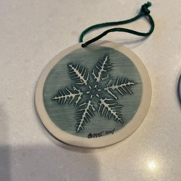 Hidden Cove pottery, 2 ornaments designed by Mike and Donna Day, 1995, nice.